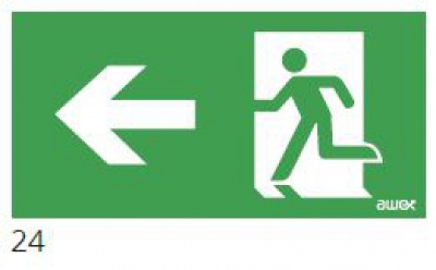 Pictogramme 24 (100x300) : Flèche gauche, garçon dans l'embrasure de la porte, logo Awex (iso7010)